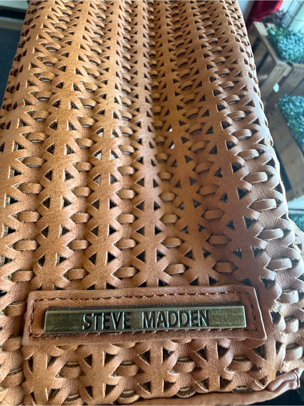 Steve Madden Laser Cut Tote Cognac Brown Faux Leather Tassel Shoulder Boho - Picture 8 of 13